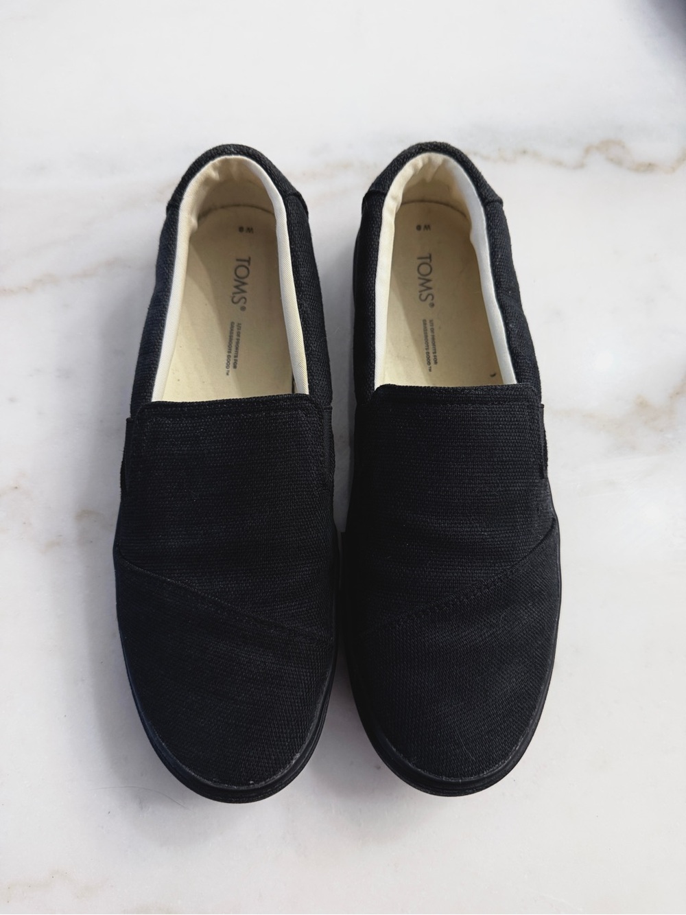 TOMS black classic canvas wrap slip on blue/white logo women’s shoes size 9